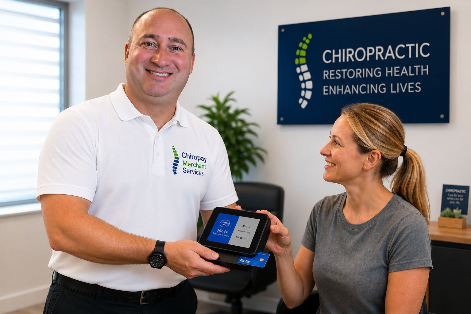 Dustin from ChiroPay helping a chiropractic office with payment processing equipment